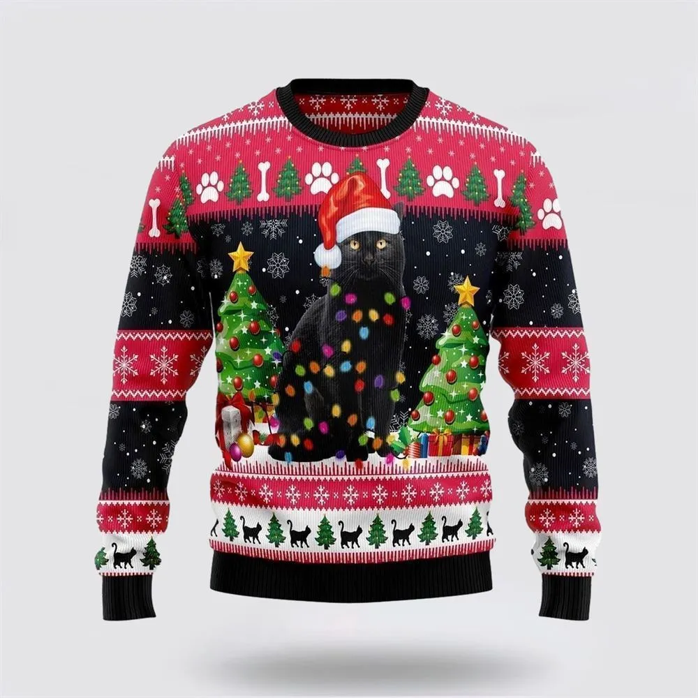 Black Cat Light Ugly Christmas Sweater For Men And Women, Best Gift For Christmas, Christmas Fashion Winter