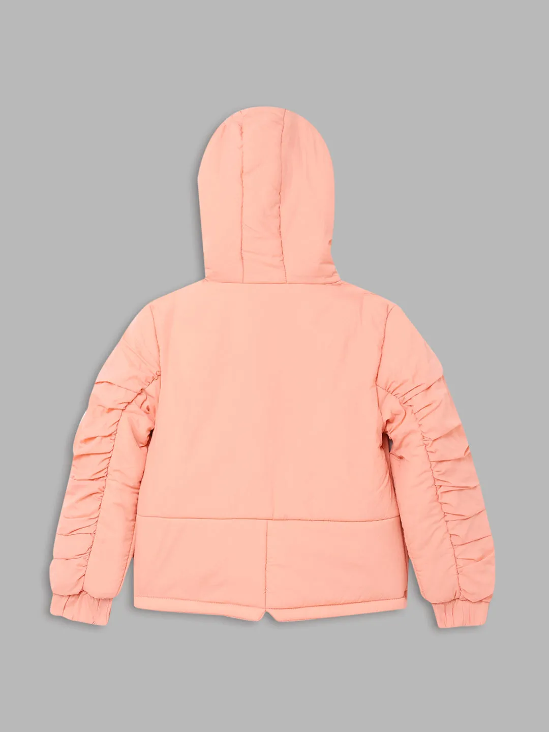 Blue Giraffe Girls Peach Solid Hooded Full Sleeves Bomber Jacket