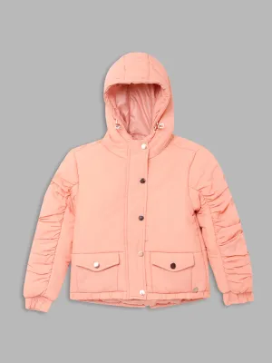 Blue Giraffe Girls Peach Solid Hooded Full Sleeves Bomber Jacket