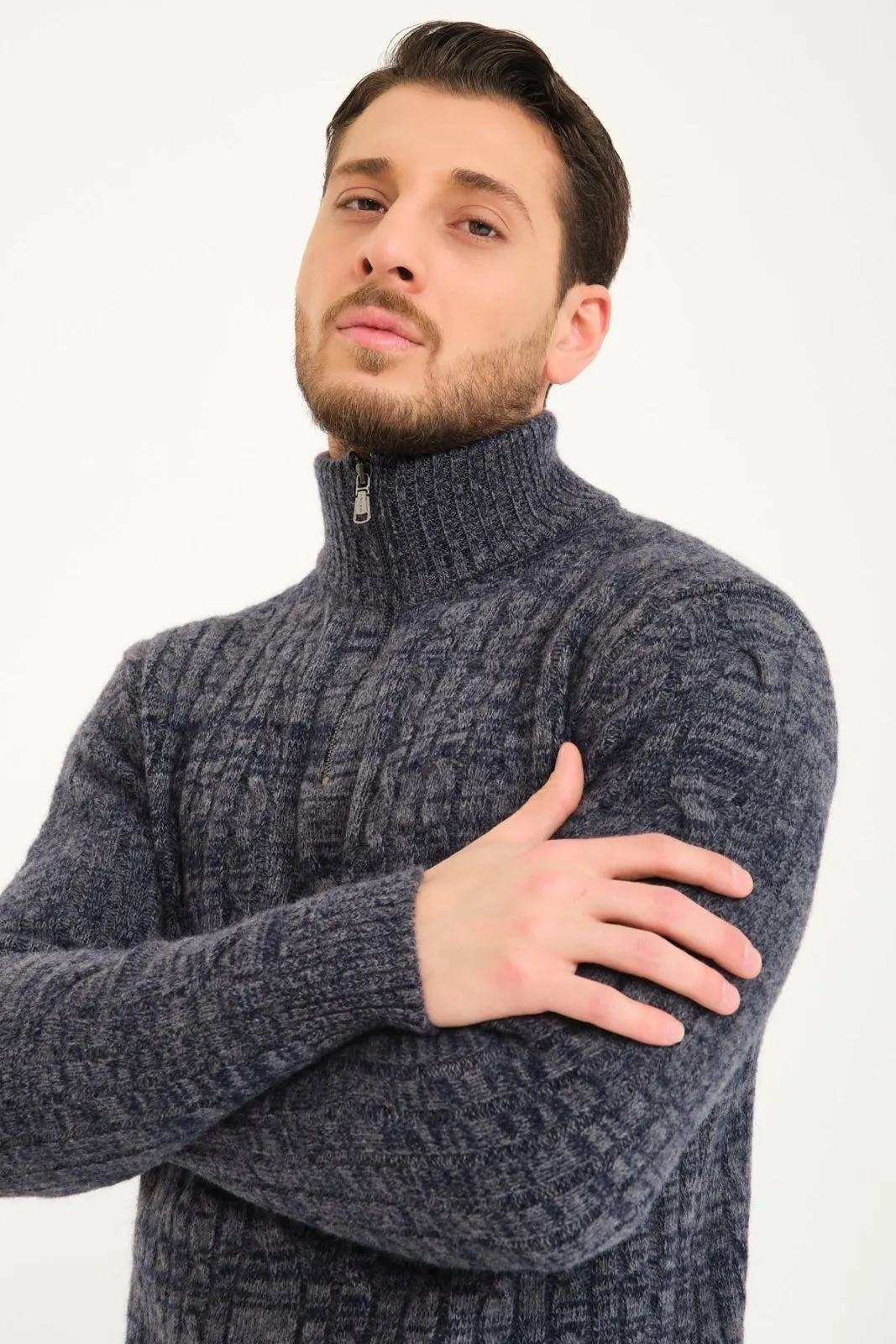 Blue Melange Wool Knit Sweater