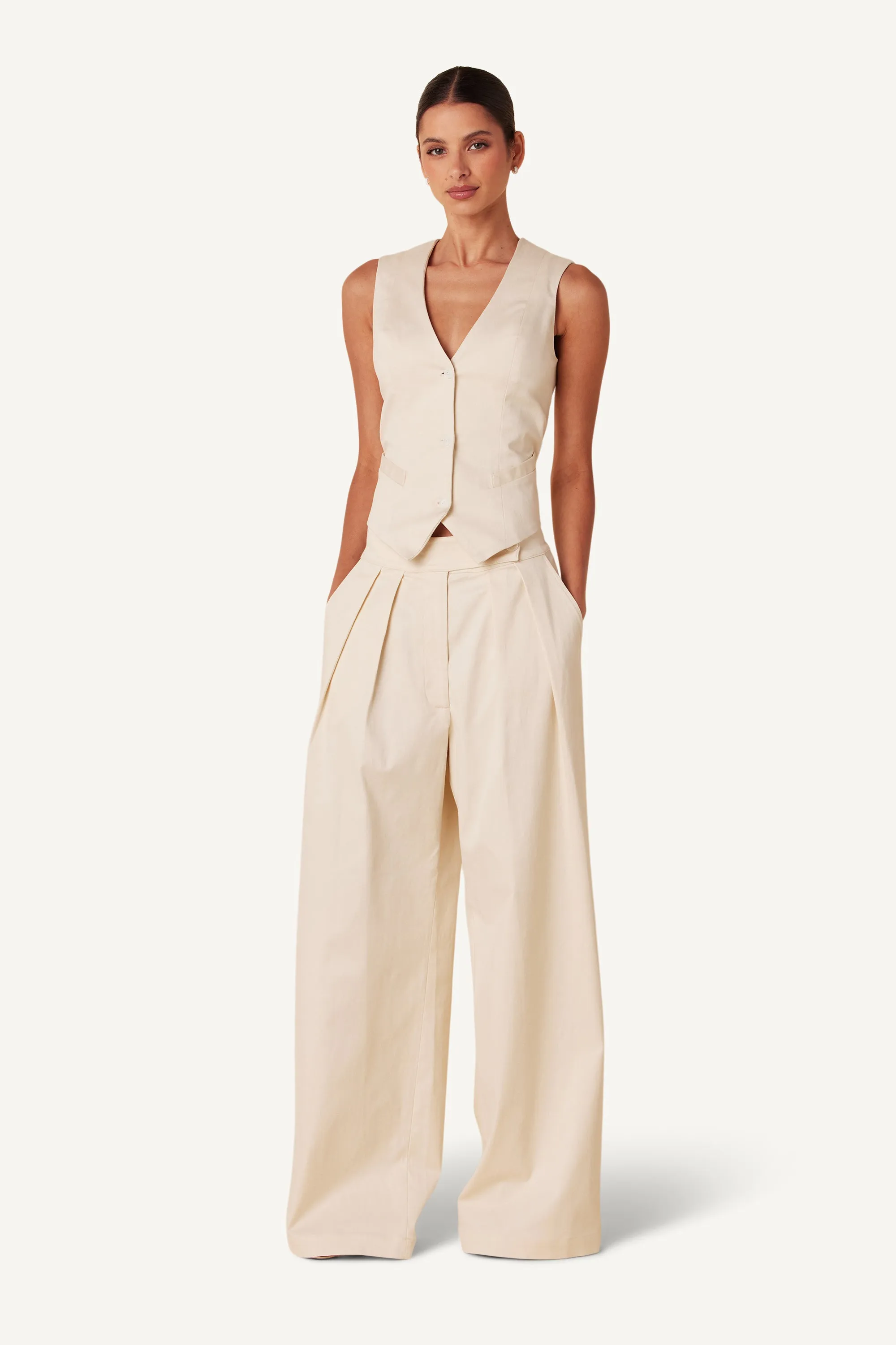 BROOKLYN HIGH RISE PLEATED TWILL PANT | GARDENIA