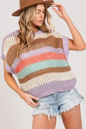 Color Block Striped Crochet Sweater