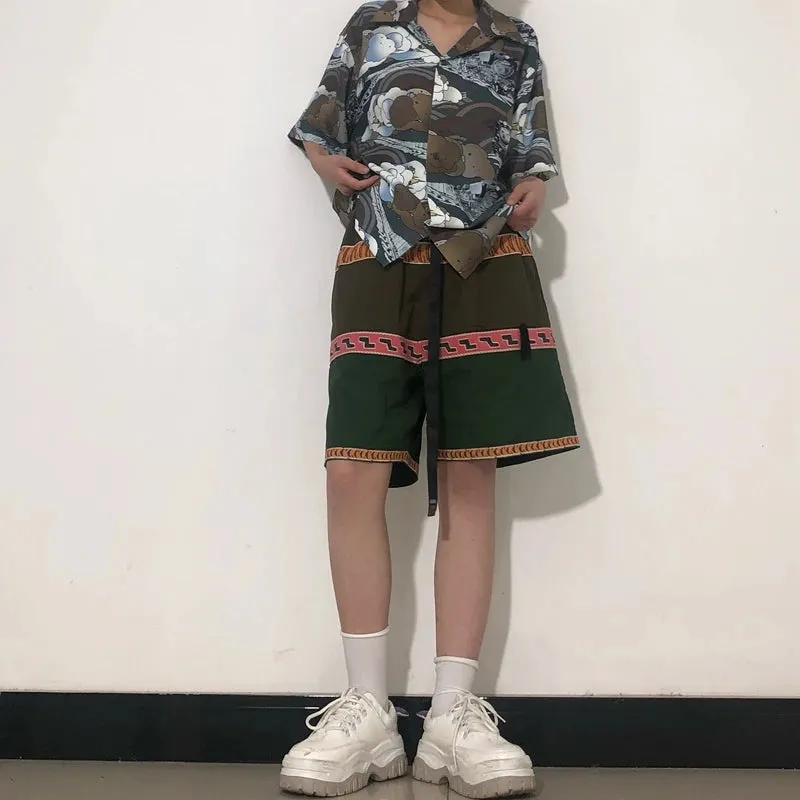 Color Contrast Casual Japan Style Shorts with Tiger Print