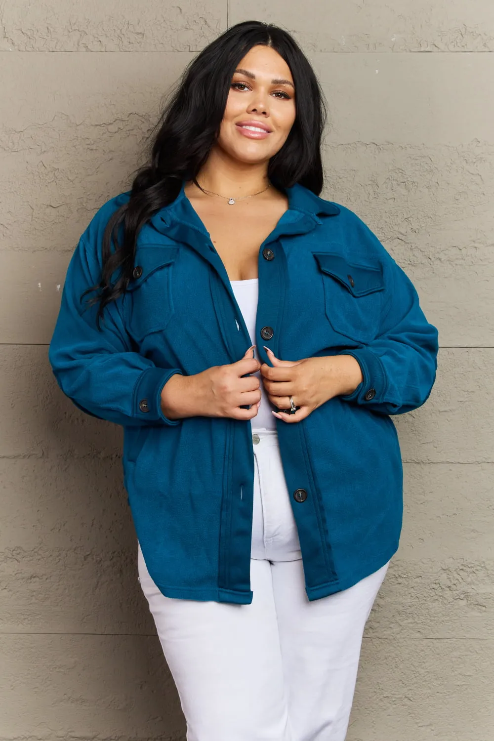 Cozy in the Cabin Fleece Elbow Patch Shacket in Teal