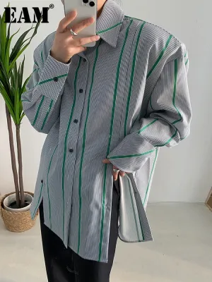 deanwangkt Women Green Striped Slit Big Size Blouse New Lapel Long Sleeve Loose Fit Shirt Fashion Tide Spring Autumn  1DF1473