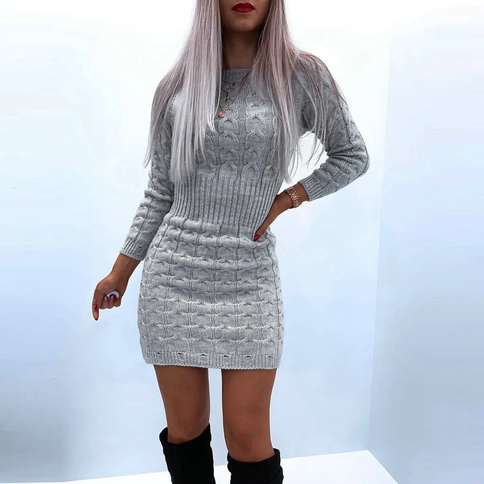 DressBetty - Elegant Solid Color Knitted Mini Dress