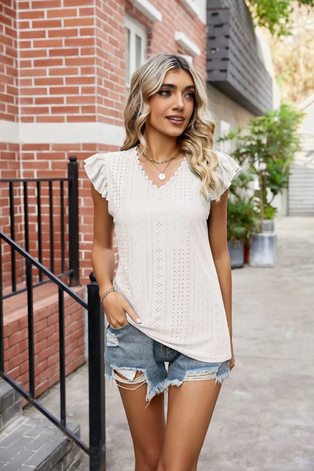 Eyelet Flutter Sleeve Scalloped V-Neck Top