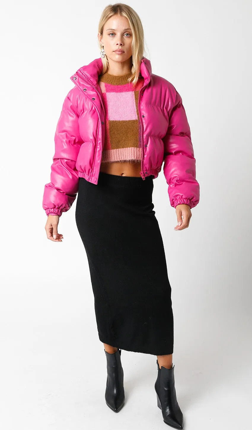 Faux Leather Puffer Jacket - Fuchsia Pink