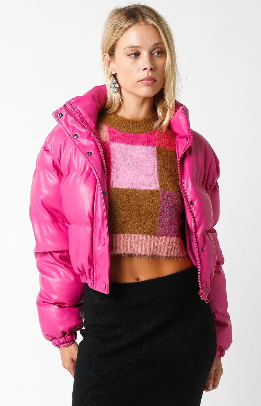 Faux Leather Puffer Jacket - Fuchsia Pink