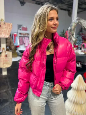 Faux Leather Puffer Jacket - Fuchsia Pink