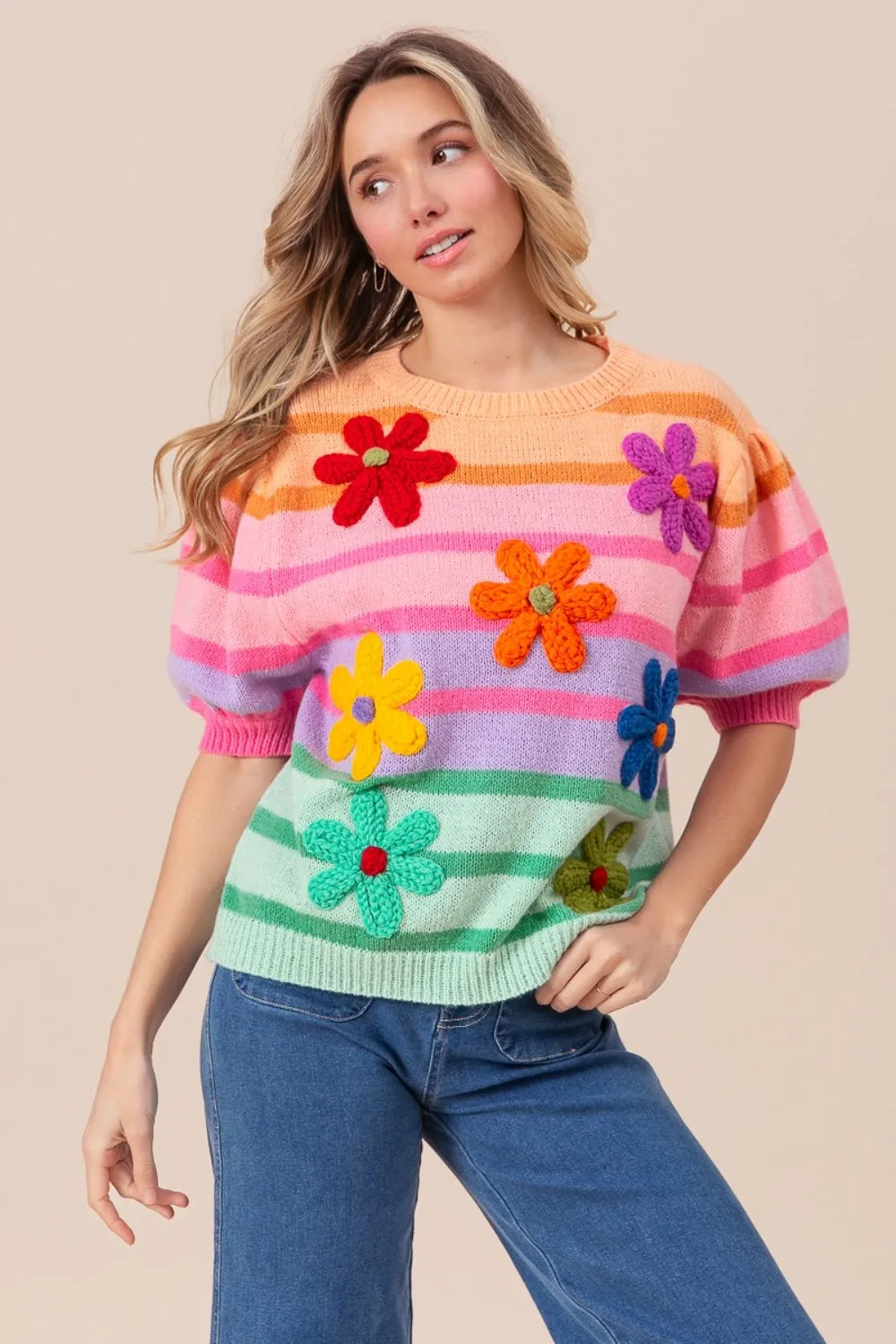 Flower Patch Puff Sleeve Striped Sweater