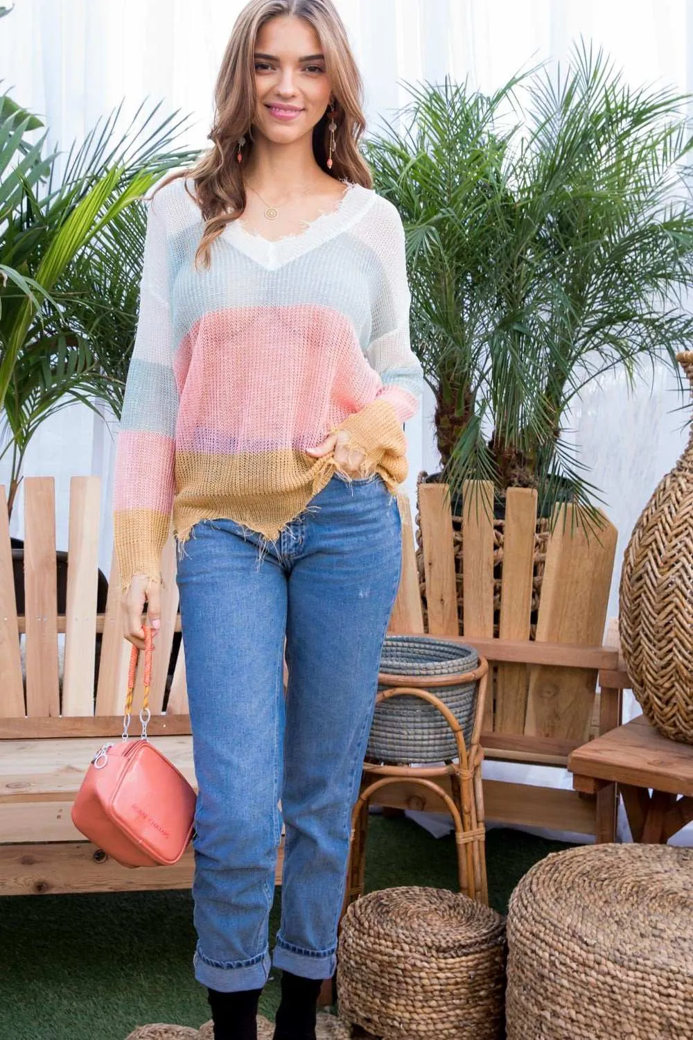 Frayed Multi Color Light Weight Sweater