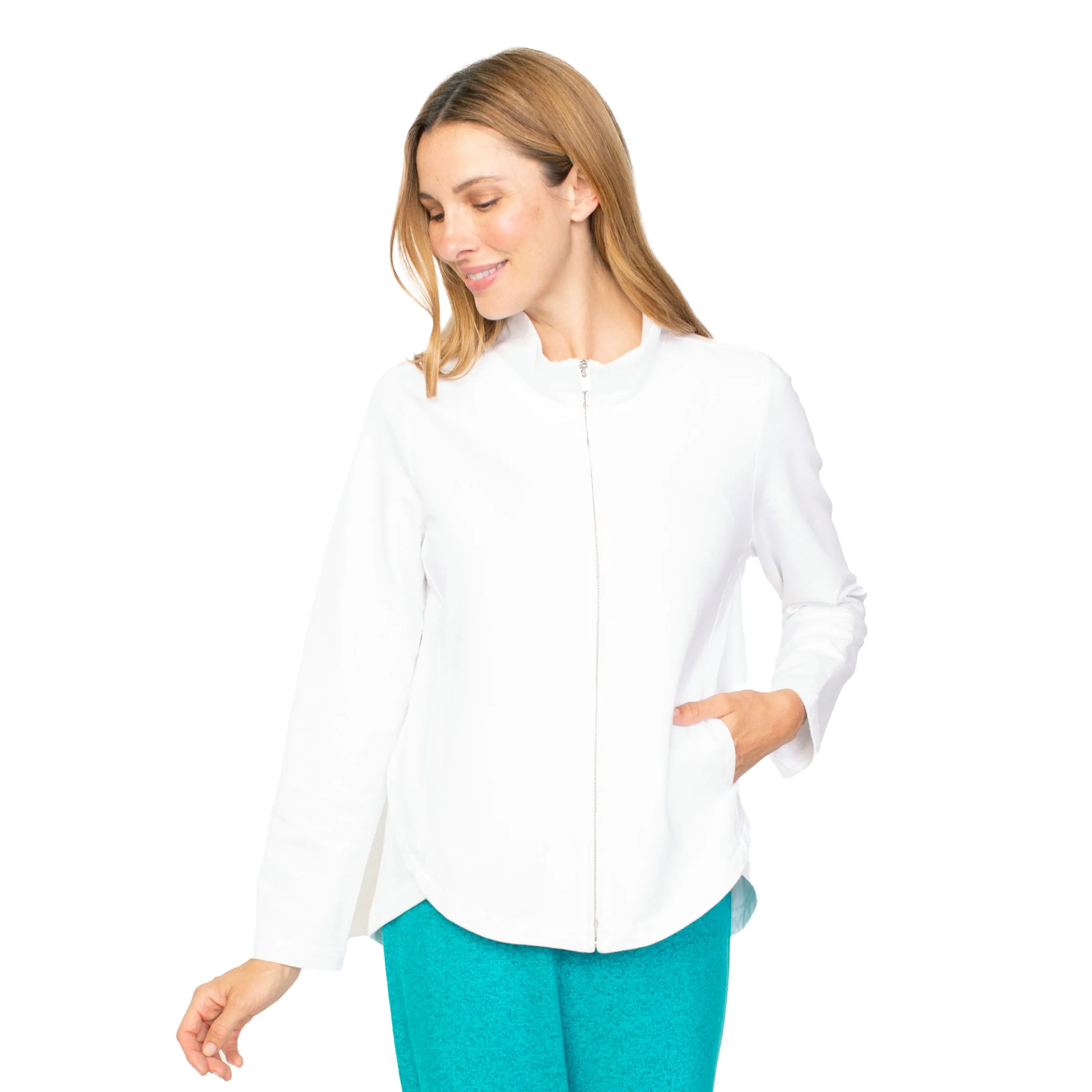 Habitat French Terry Scalloped Zip-Front Jacket in White - 69240 - Sizes XS, XL & XXL