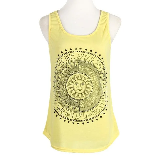 Harajuku Tops Stylish Sun Letter Circle Printed Tank Top Women Casual Cotton.