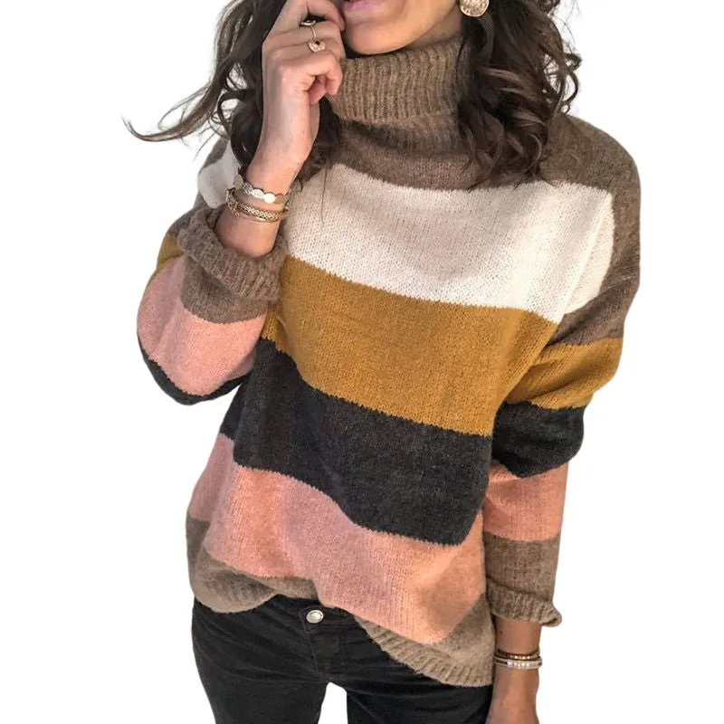 High-neck Paneled Knitted Striped Sweater