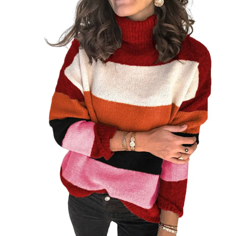 High-neck Paneled Knitted Striped Sweater