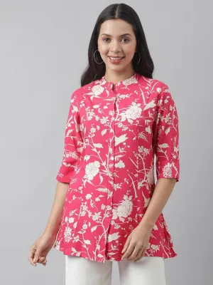 Hot Pink Floral Printed Rayon A-Line Shirt Style Top