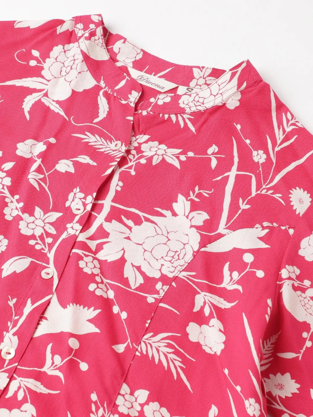 Hot Pink Floral Printed Rayon A-Line Shirt Style Top