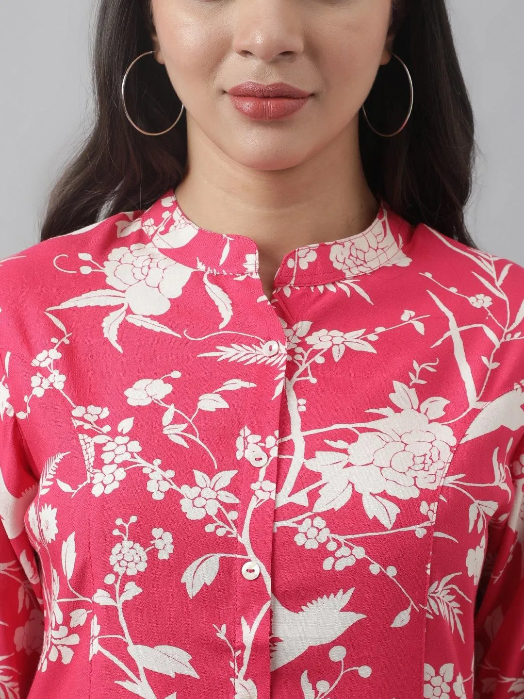 Hot Pink Floral Printed Rayon A-Line Shirt Style Top