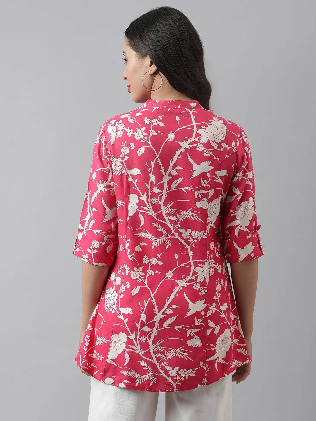 Hot Pink Floral Printed Rayon A-Line Shirt Style Top