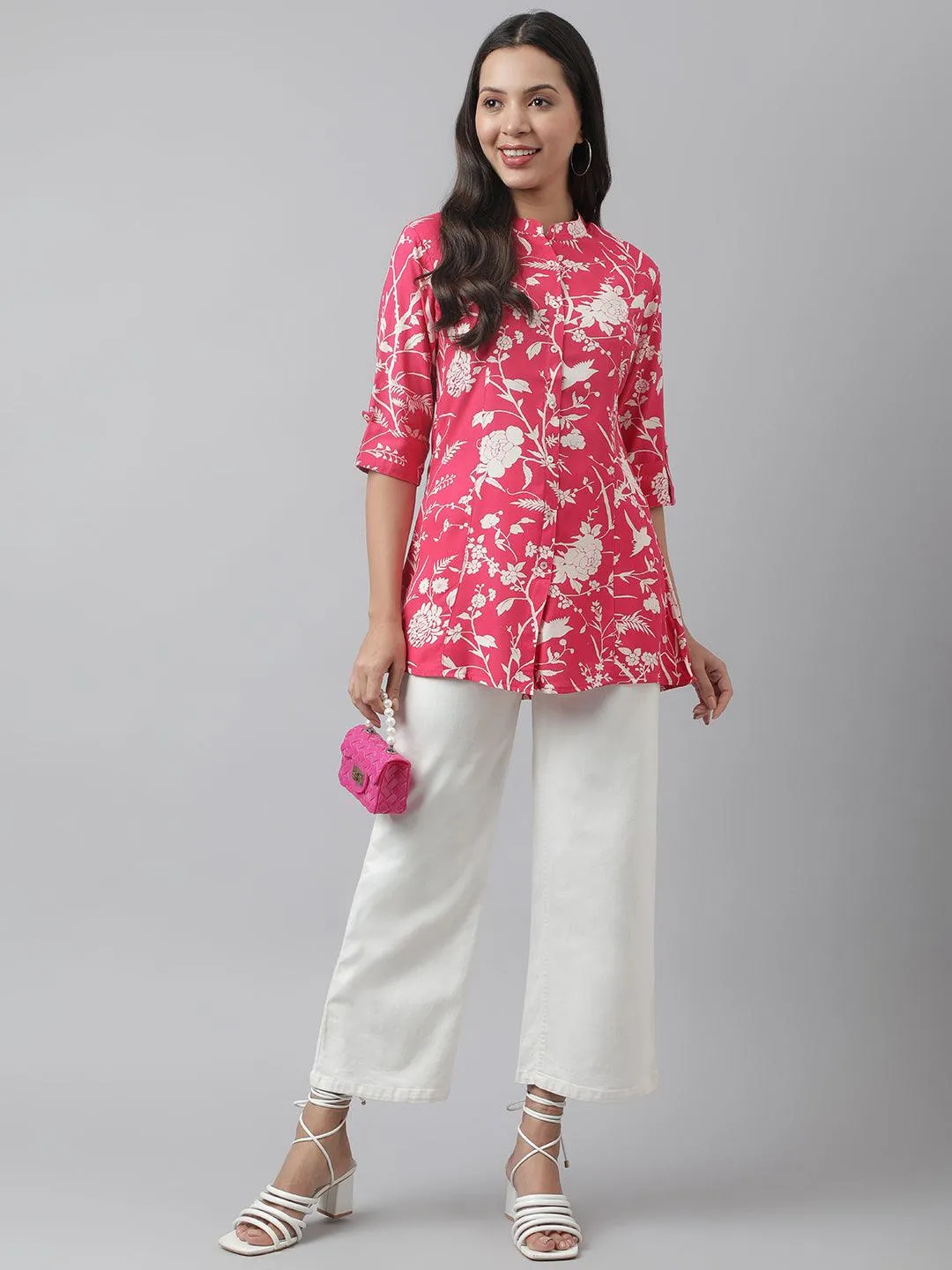 Hot Pink Floral Printed Rayon A-Line Shirt Style Top