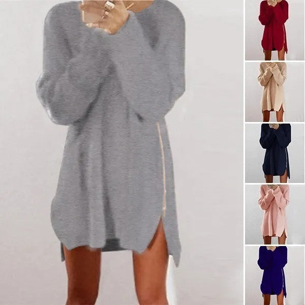 JACKY  Women's Warm Loose Above Knee Polyester Plain Knitted Zipper Sweater Dresses wjlC16111404032B01