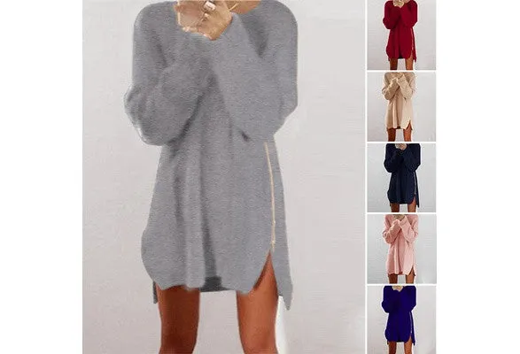 JACKY  Women's Warm Loose Above Knee Polyester Plain Knitted Zipper Sweater Dresses wjlC16111404032B01