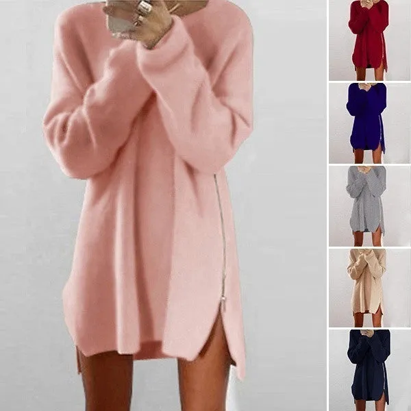 JACKY  Women's Warm Loose Above Knee Polyester Plain Knitted Zipper Sweater Dresses wjlC16111404032B01