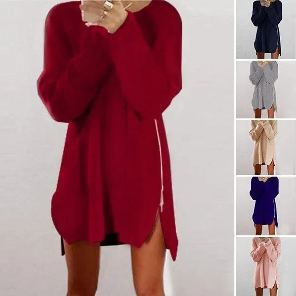 JACKY  Women's Warm Loose Above Knee Polyester Plain Knitted Zipper Sweater Dresses wjlC16111404032B01