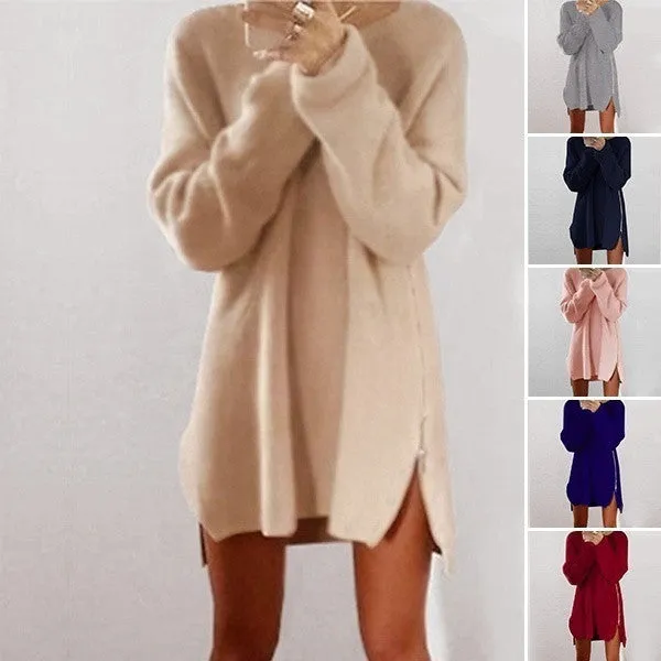 JACKY  Women's Warm Loose Above Knee Polyester Plain Knitted Zipper Sweater Dresses wjlC16111404032B01