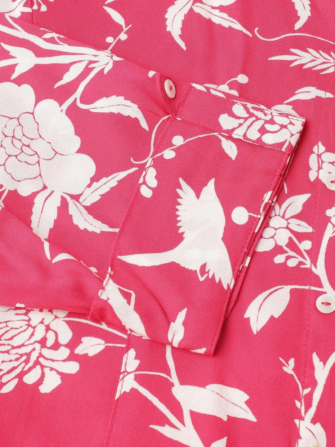 Jashvi Hot Pink Floral Printed Rayon A-line Shirt Style Top