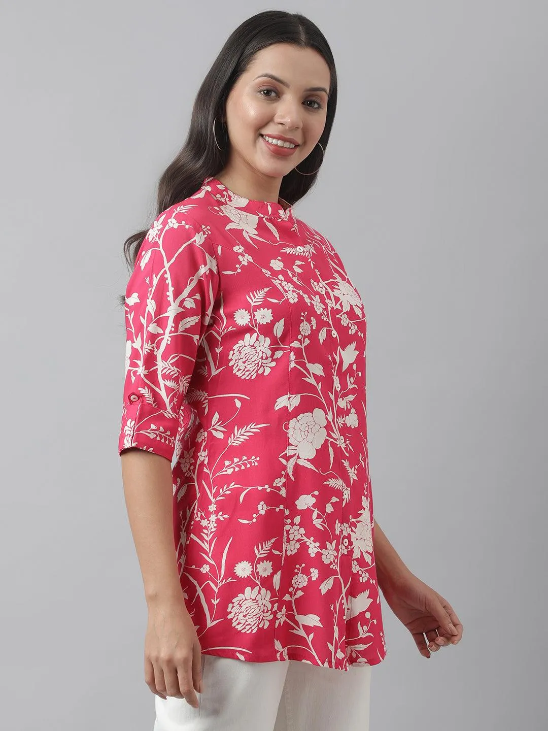 Jashvi Hot Pink Floral Printed Rayon A-line Shirt Style Top