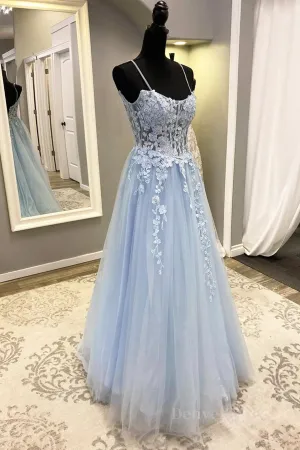 kamahe Spaghetti Straps Light Blue Lace Prom Dresses, Light Blue Lace Formal Evening Dresses