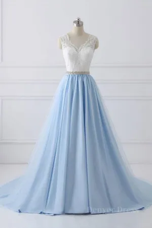 kamahe V Neck Light Blue Lace Prom Dresses, Light Blue Lace Formal Evening Dresses