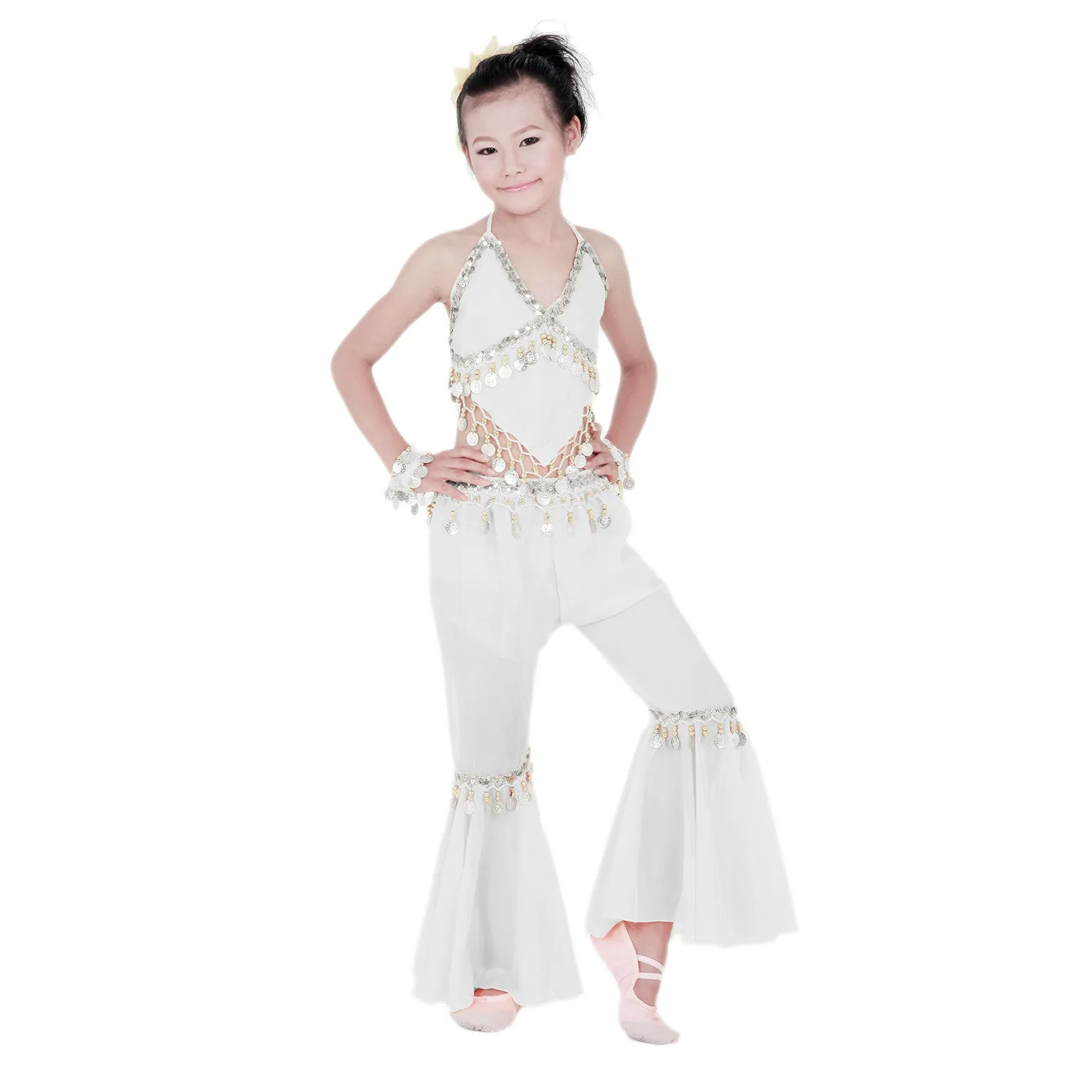 Kids Professional Belly Dance Genie Costume with Silver Sequin and Coins