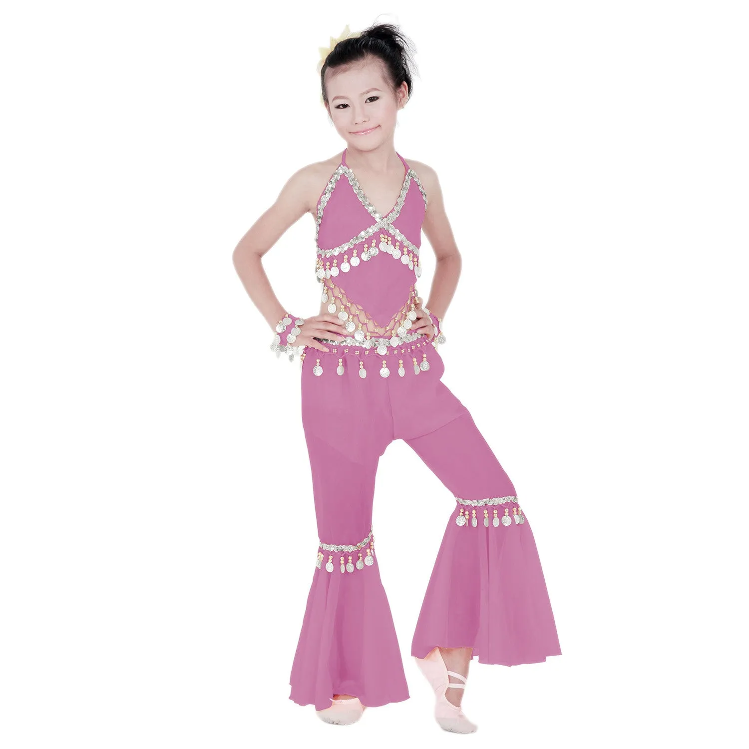 Kids Professional Belly Dance Genie Costume with Silver Sequin and Coins