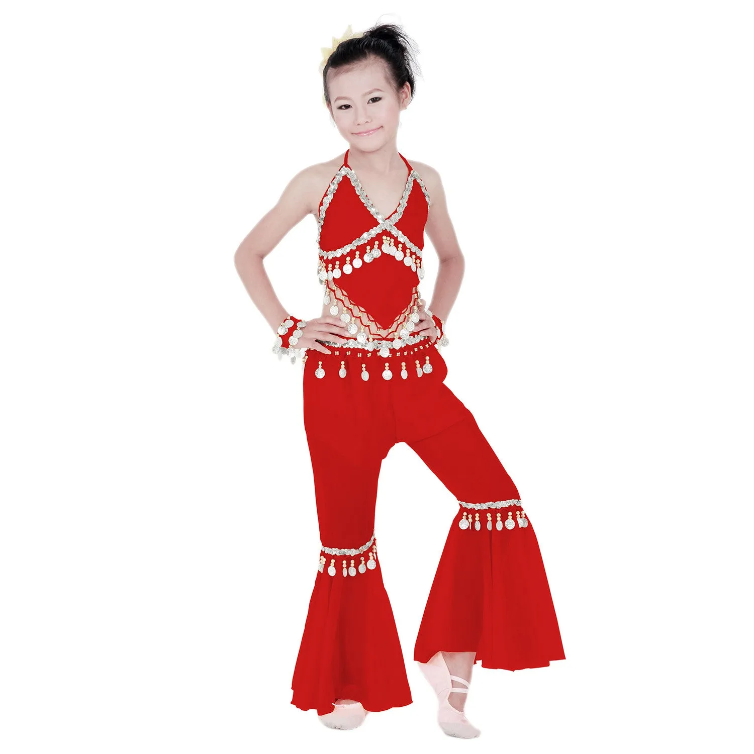 Kids Professional Belly Dance Genie Costume with Silver Sequin and Coins