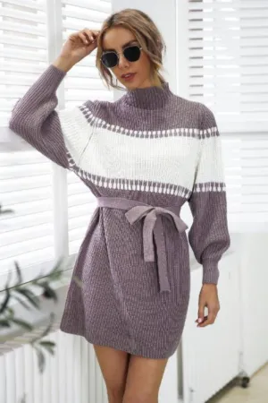 Knitted dress half high collar Lantern Sleeve color contrast