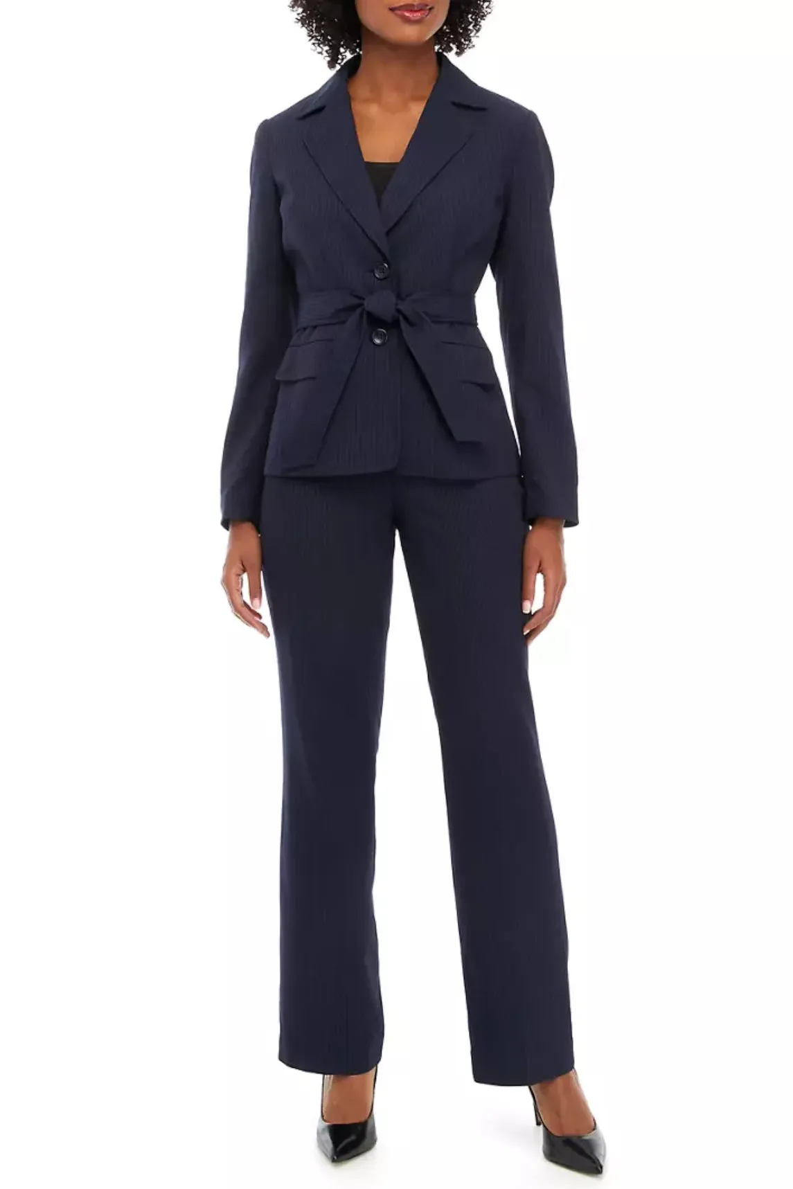 Le Suit Women's Tonal Stripe Belted Jacket and Side Zip Pant Suit