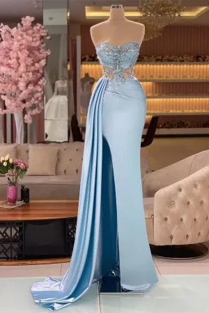 Light-Blue Mermaid Style Evening Dresses With Fold Strapless