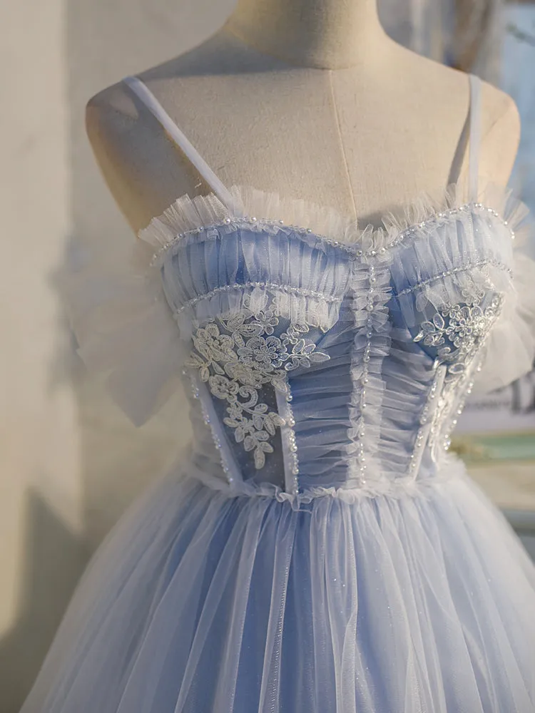 Light Blue Tulle with Beaded Short Homecoming Dresses, Blue Short Prom Dresses