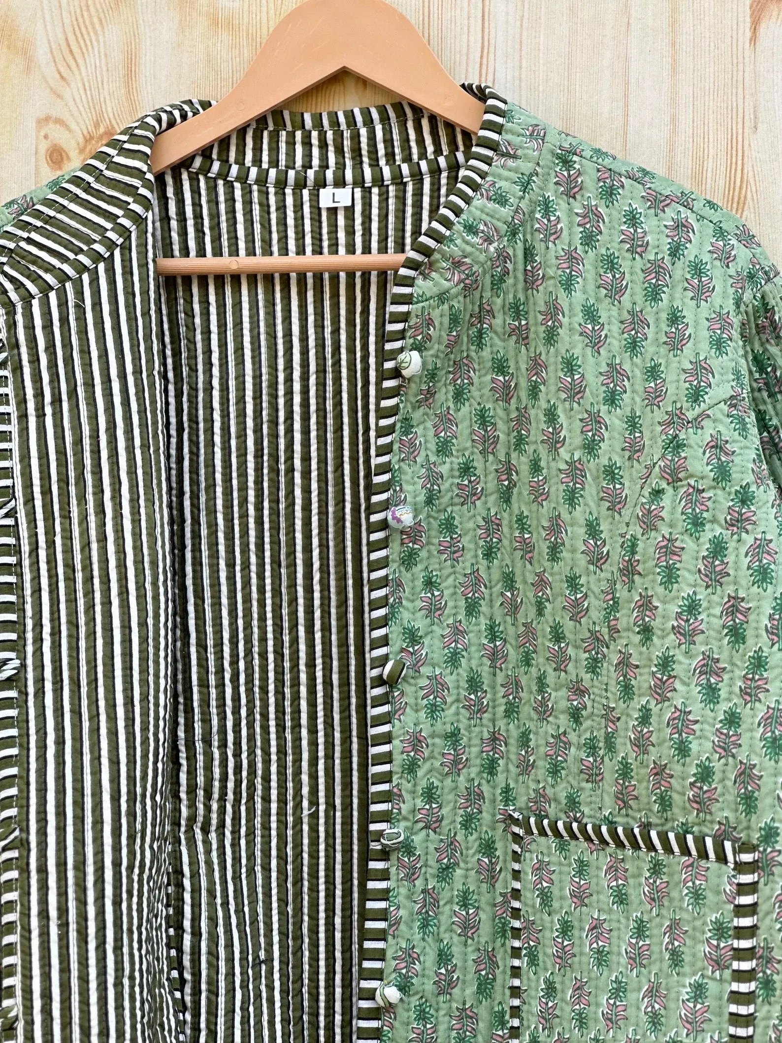 Light Green Reversible Handmade Block Print Quilted Kantha Fabric Jacket