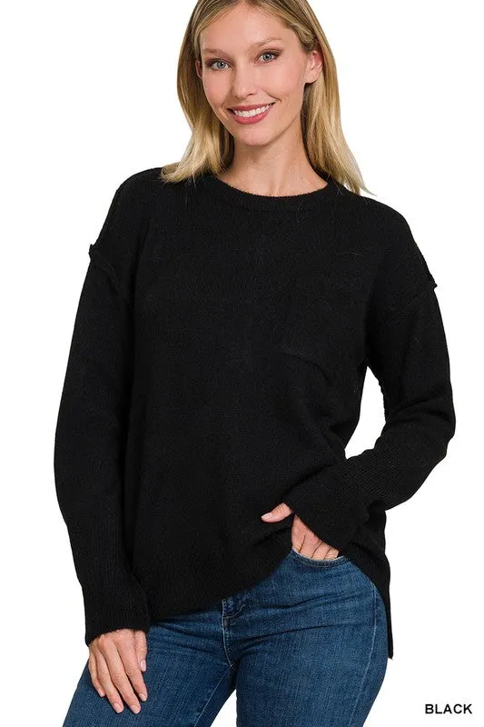 MELANGE HI-LOW HEM ROUND NECK SWEATER