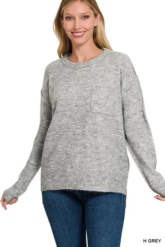 MELANGE HI-LOW HEM ROUND NECK SWEATER