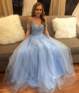 Off Shoulder Blue Tulle Long Prom Dress, Blue Formal Dress