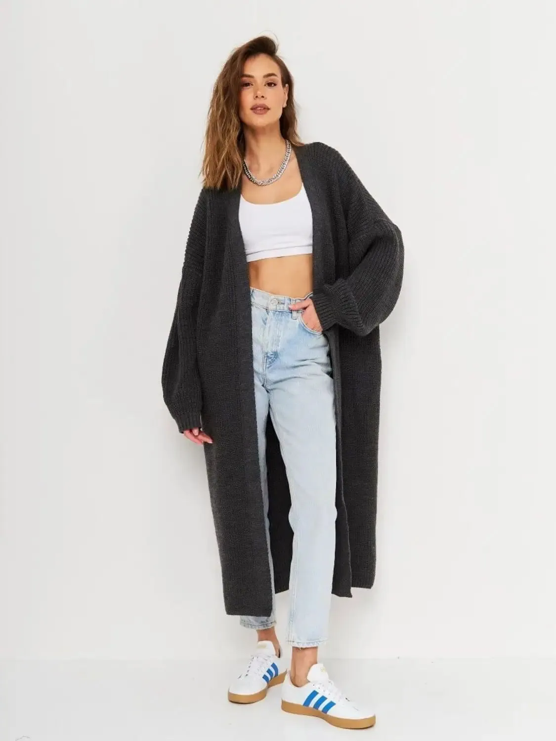 Open Front Long Sleeve Longline Cardigan