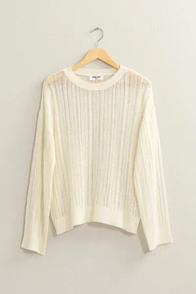 Openwork Ribbed Trim Long Sleeve Knit Top