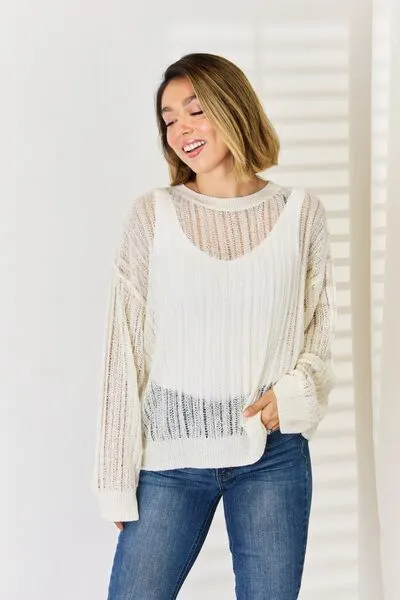 Openwork Ribbed Trim Long Sleeve Knit Top