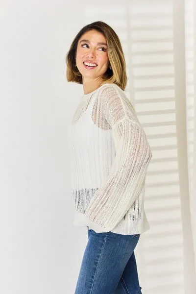 Openwork Ribbed Trim Long Sleeve Knit Top