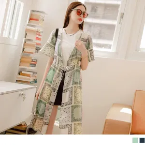 PRINTED BELT WAIST LONGLINE TUNIC CARDIGANS